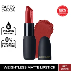Faces Canada Weightless Matte Lipstick |Jojoba and Almond Oil enriched| Highly pigmented | Smooth One Stroke Weightless Color | Keeps Lips Moisturized | Shade - Red Cider 4g