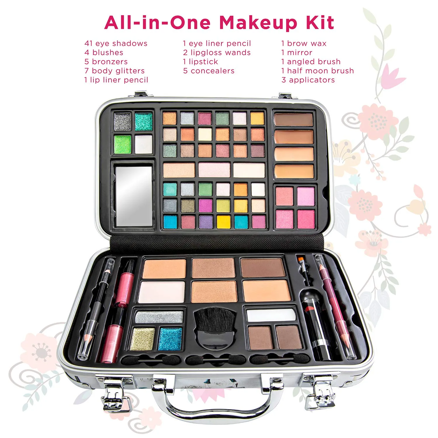 Makeup Kit Gift Set - 41 Eye Shadows, 7 Body Glitters, 1 Lip Liner Pencil, 1 Lipsticks and more, 4 Blushs, Eye liner pencil, 5 Concealers, 2 Lip Gloss, 5 Bronzers, Mirror
